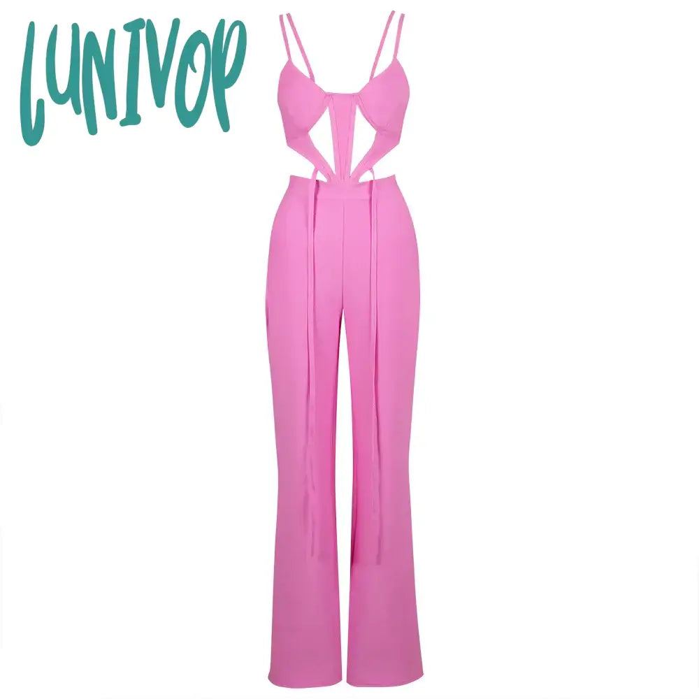 Lunivop Newest Women Summer Style Sexy V Neck Hollow Out Pink Bodycon Bandage Jumpsuit High Street Rompers