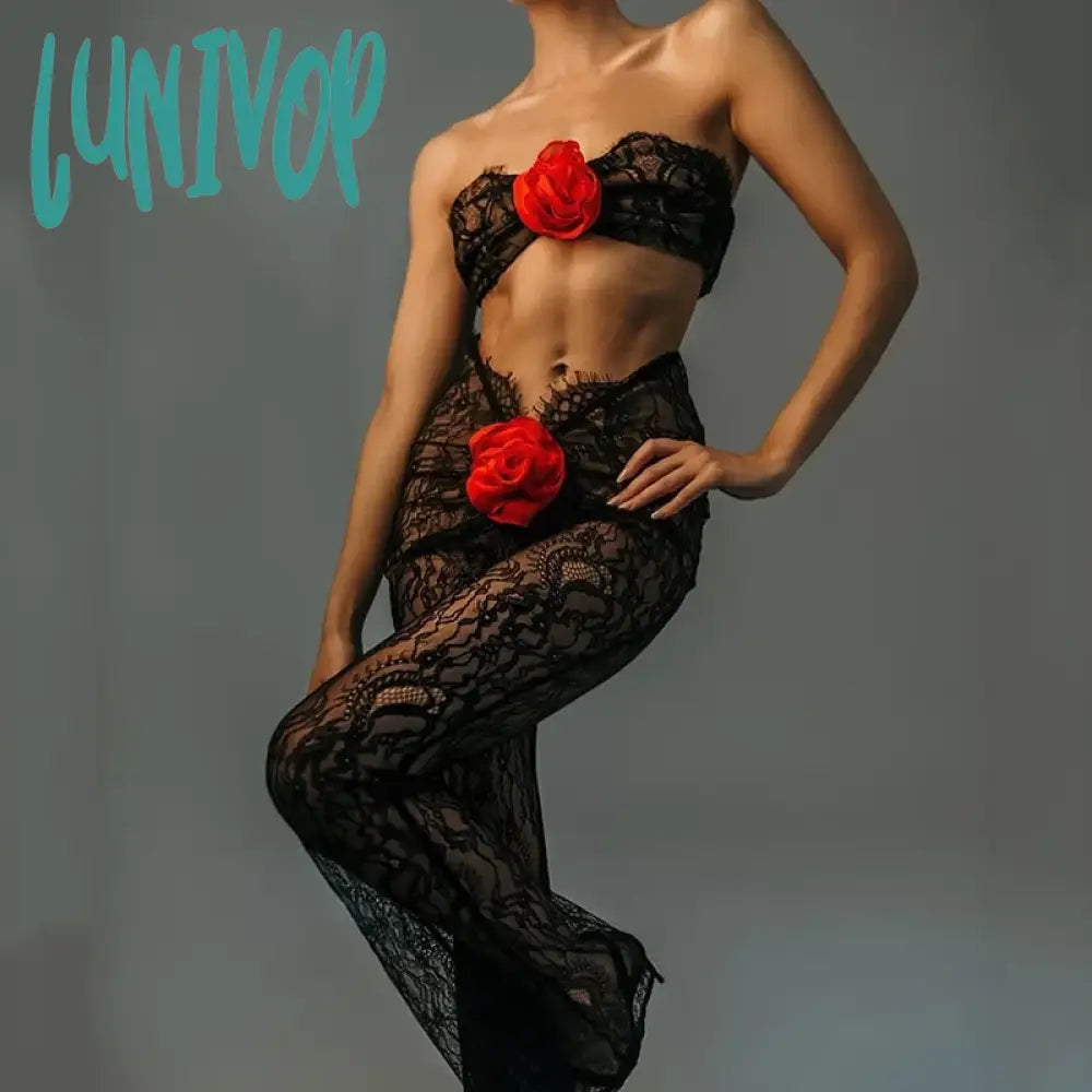 Lunivop Off Shoulder Sexy Cut Out Jumpsuits Outfit Unitards Sheer Lace Floral Applique Strapless Romper Overalls One PieceJumpsuit Women