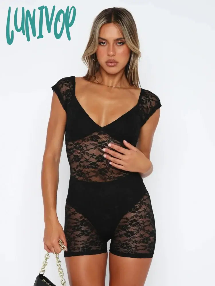 Lunivop Patchwork See Through Lace Women Bodysuit White V Neck Bodycon Rompers Femme Summer Elastic Hot Girl Party Clubwear