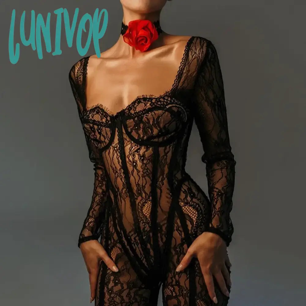 Lunivop Sheer Lace Hollow Out Sexy Jumpsuits Zip Up Backless Outfits Women Unitards Square Neck Romper Overalls One Piece Bodysuit