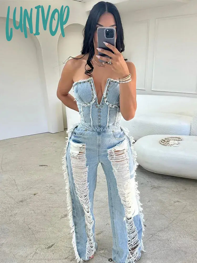 Lunivop  Tassel Hollow Out  Overalls For Women Studded Diamond Strapless Backless Jeans Street Fashion Trend Jumpsuite Femme