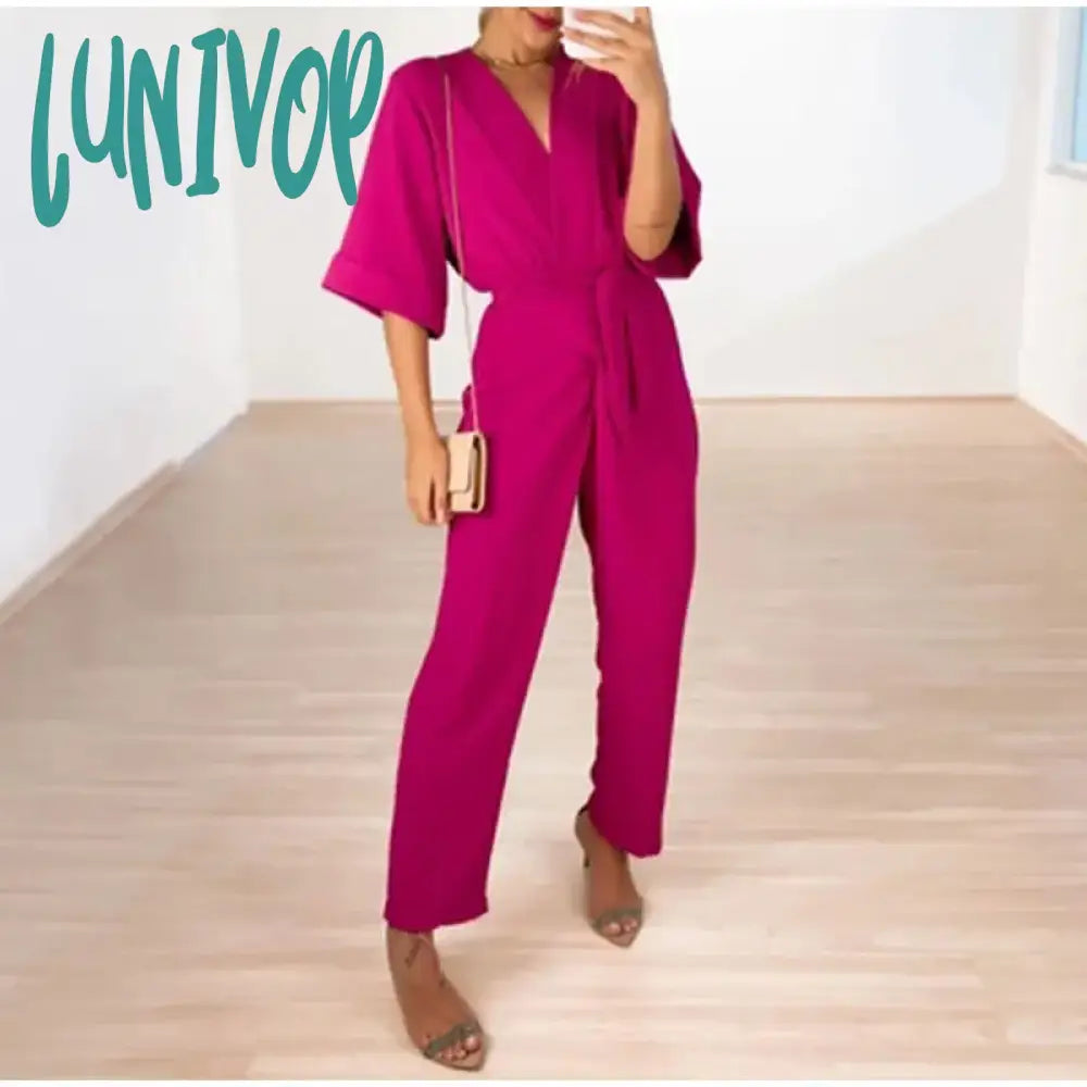 Lunivop V-Neck Lace Up Jumpsuits Women Fashion Solid Short Sleeve Jumpsuit Spring Elegant Casual Female One-piece Clothes Bodysuit