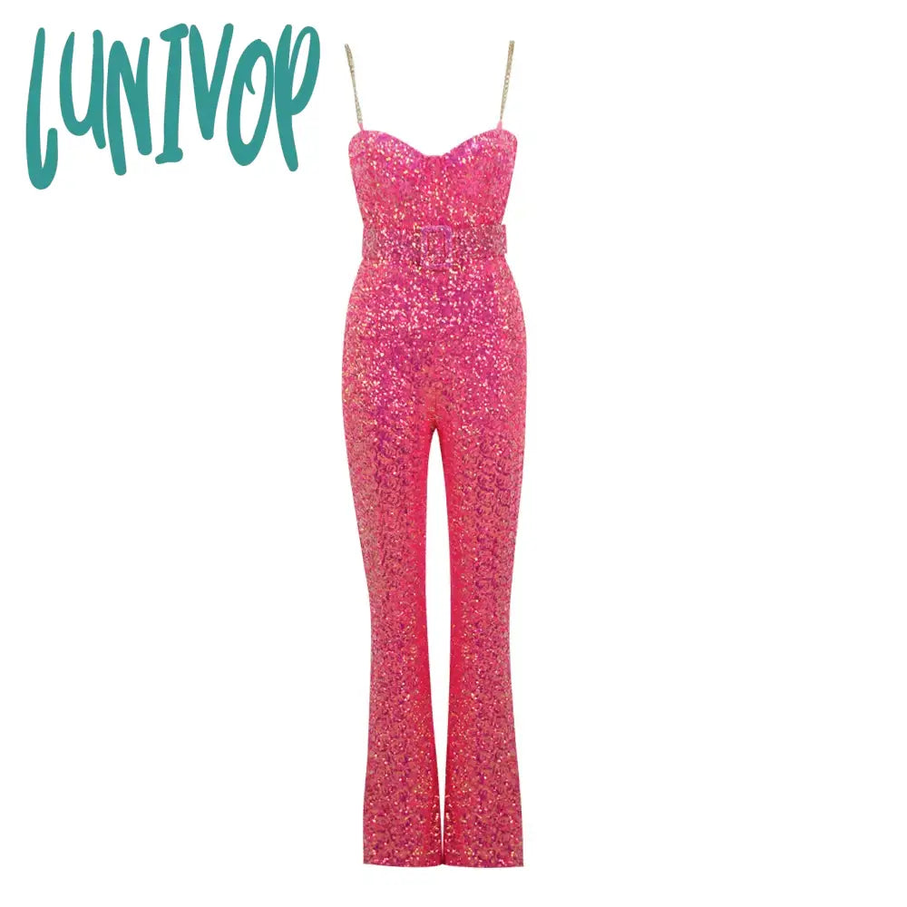 Lunivop Women Christmas Sexy Backless Chain Mesh Sequins Pink Bodycon Jumpsuit High Street Rompers