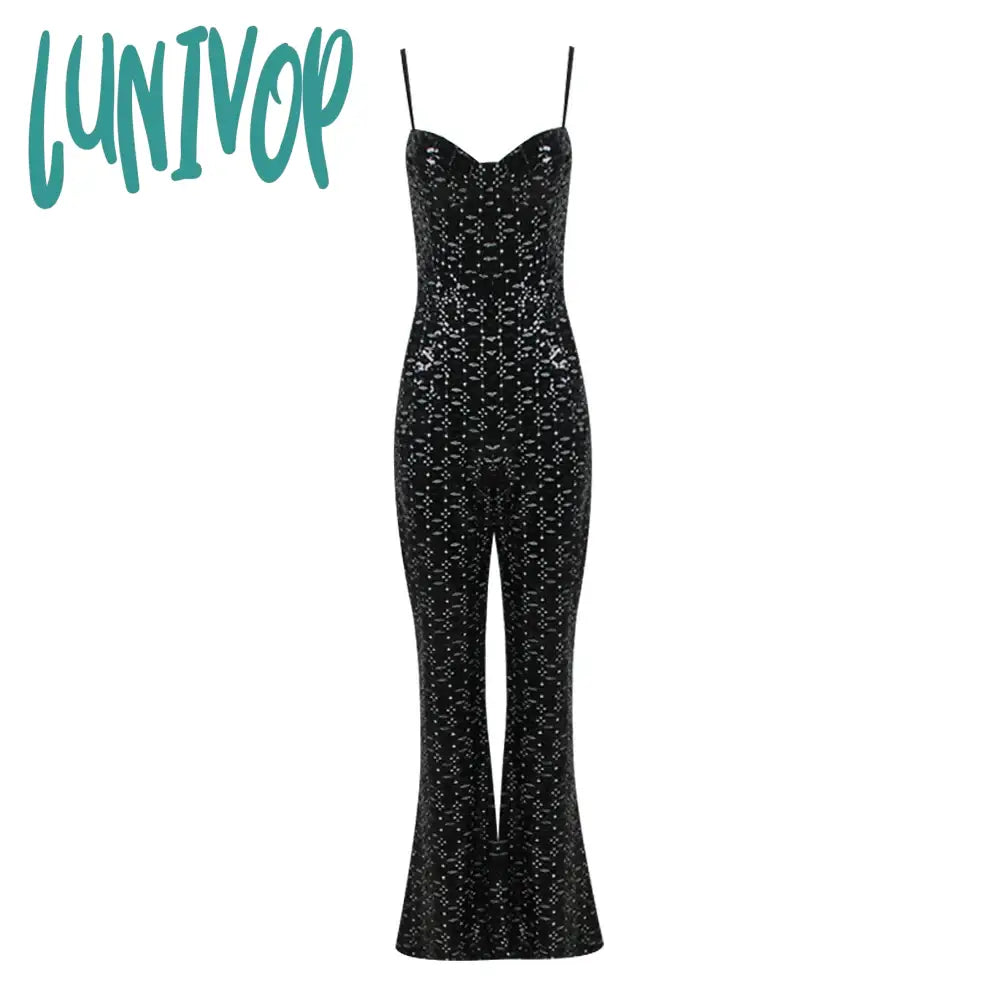 Lunivop Women Christmas Sexy Backless Mesh Sequins Burgundy Black Bodycon Jumpsuit  High Street Rompers