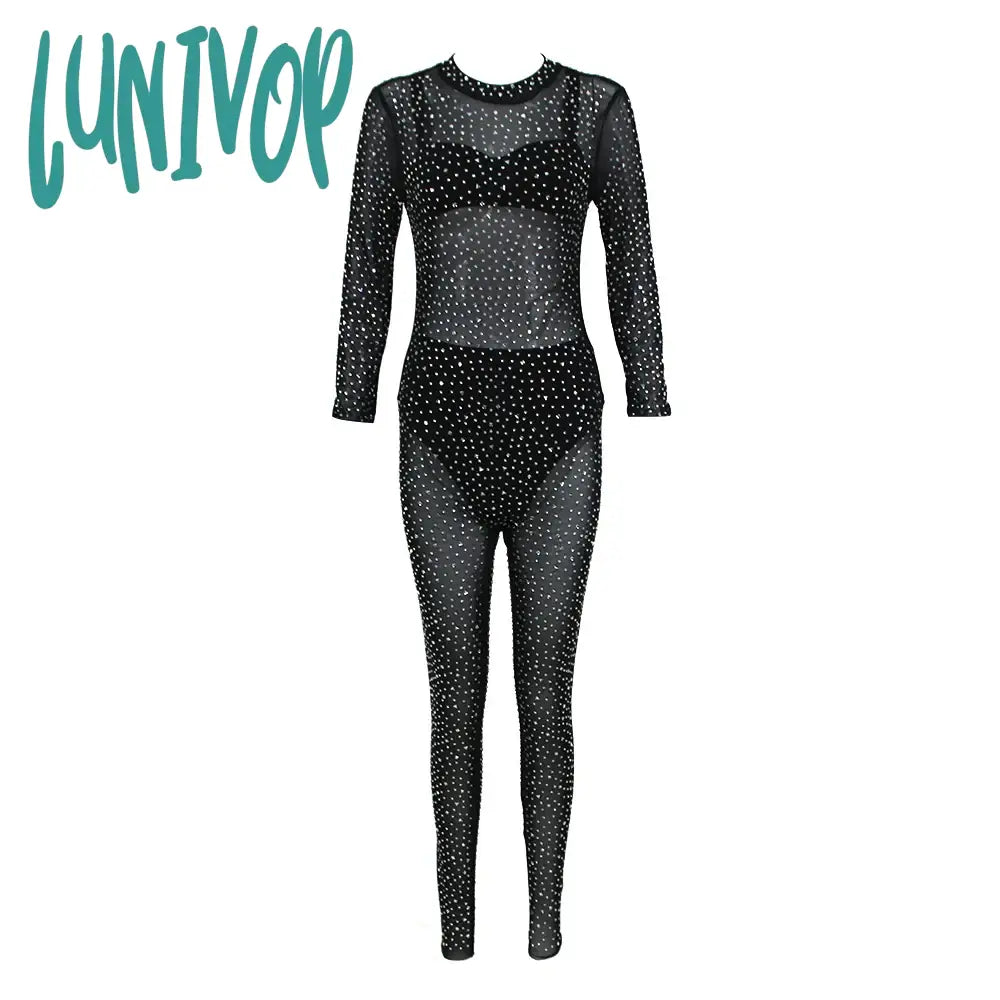 Lunivop Women Christmas Sexy Long Sleve Rhinestone Mesh Sequins Black Bodycon Jumpsuit High Street Rompers