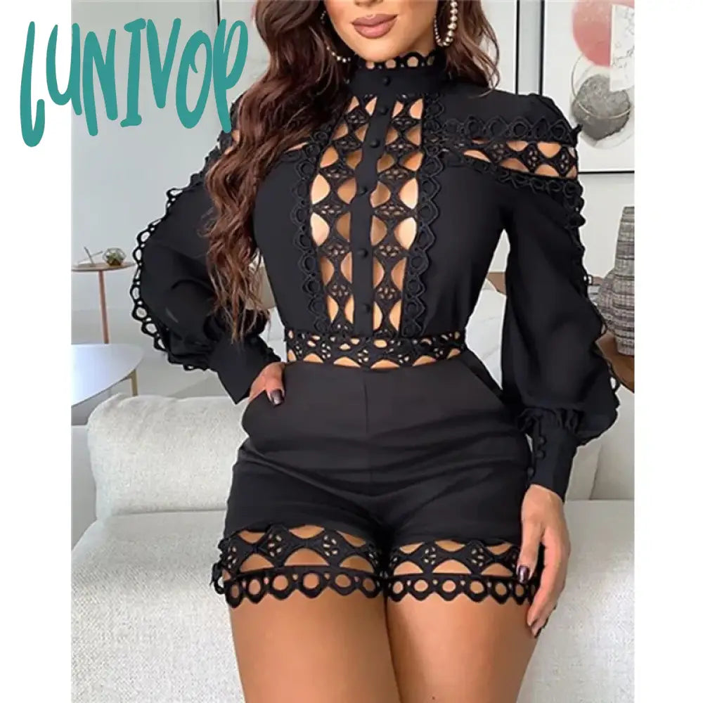 Lunivop Women Fashion Sexy Long Sleeve Hollow Out Lace Black White Bodycon Bandage Playsuits Celebrity Designer High Street Rompers