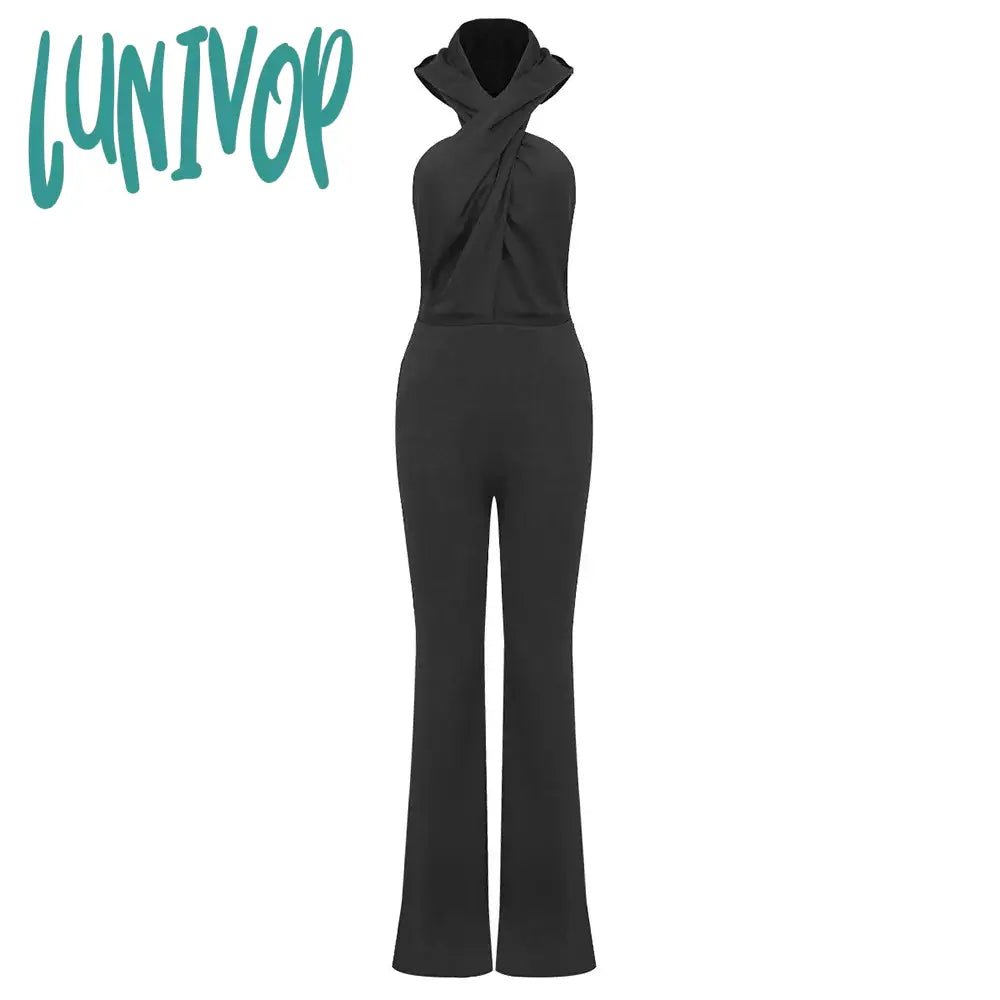 Lunivop Women Luxury Sexy Backless Ruched Black Bodycon Jumpsuit Celebrity Designer High Street Rompers