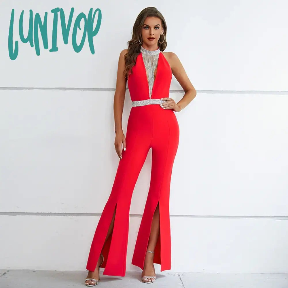 Lunivop Women Summer Sexy Backless Tassel Crystal Diamonds Red Bodycon Bandage Jumpsuit High Street Rompers