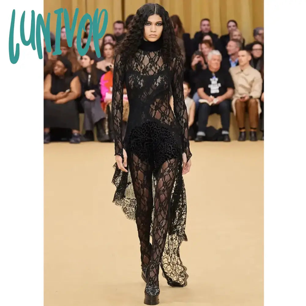 Lunivop Women Summer Sexy Long Sleeve Turtleneck Lace Black Bodycon Jumpsuit High Street Rompers