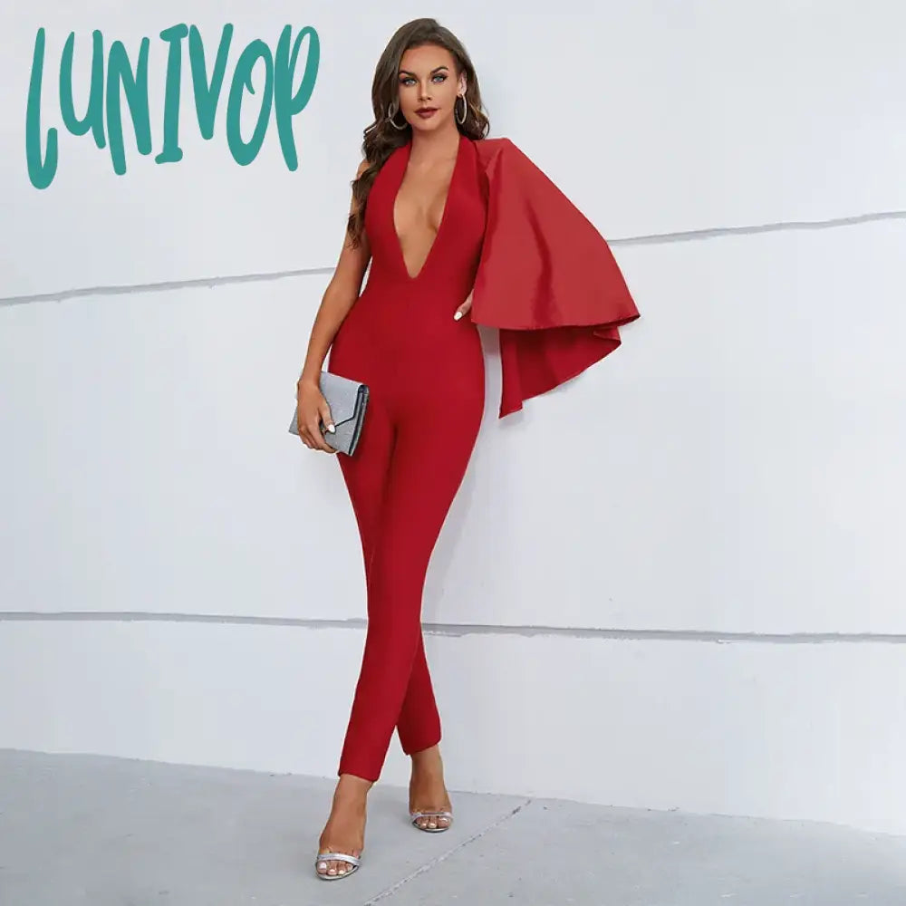 Lunivop Women Summer Sexy Single Sleeve V Neck Ruffles Red Bodycon Bandage Jumpsuit  High Street Rompers