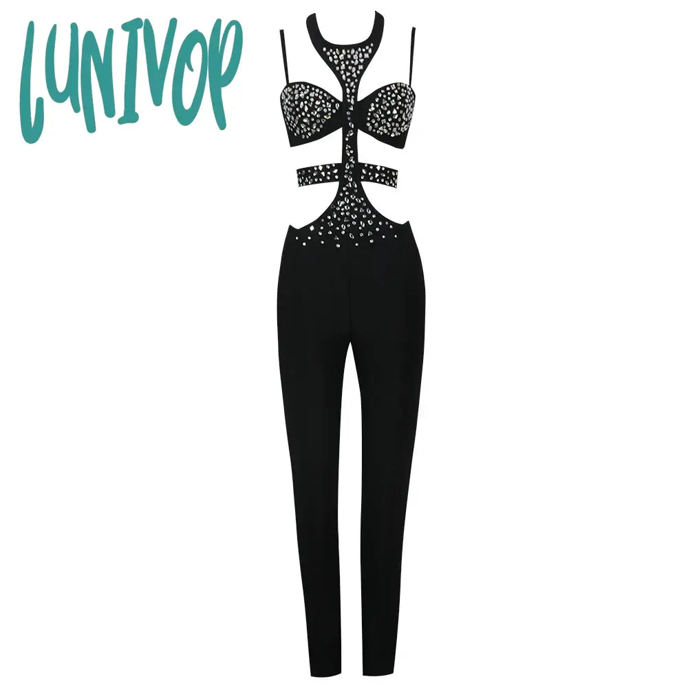 Lunivop Women Summer Style Sexy Cut Out Hollow Studded Beading Black Bodycon Bandage Jumpsuit High Street Rompers