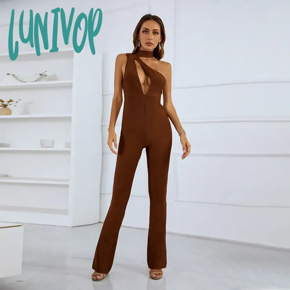 Lunivop Women Summer Style Sexy One Shoulder Key Hole Bodycon Bandage Jumpsuit High Street Rompers