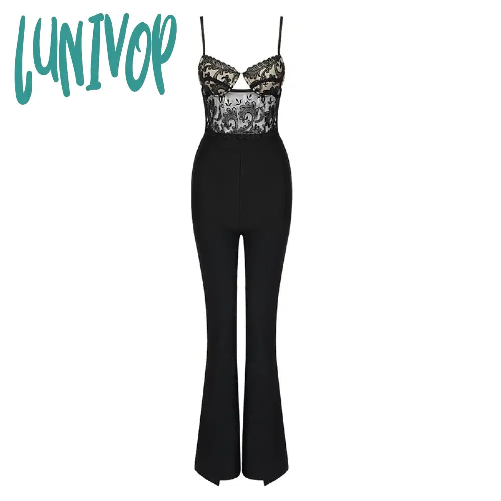 Lunivop Women Summer Style Sexy Sleeveless Backless Lace Black Bodycon Bandage Jumpsuit Celebrity Designer High Street Rompers