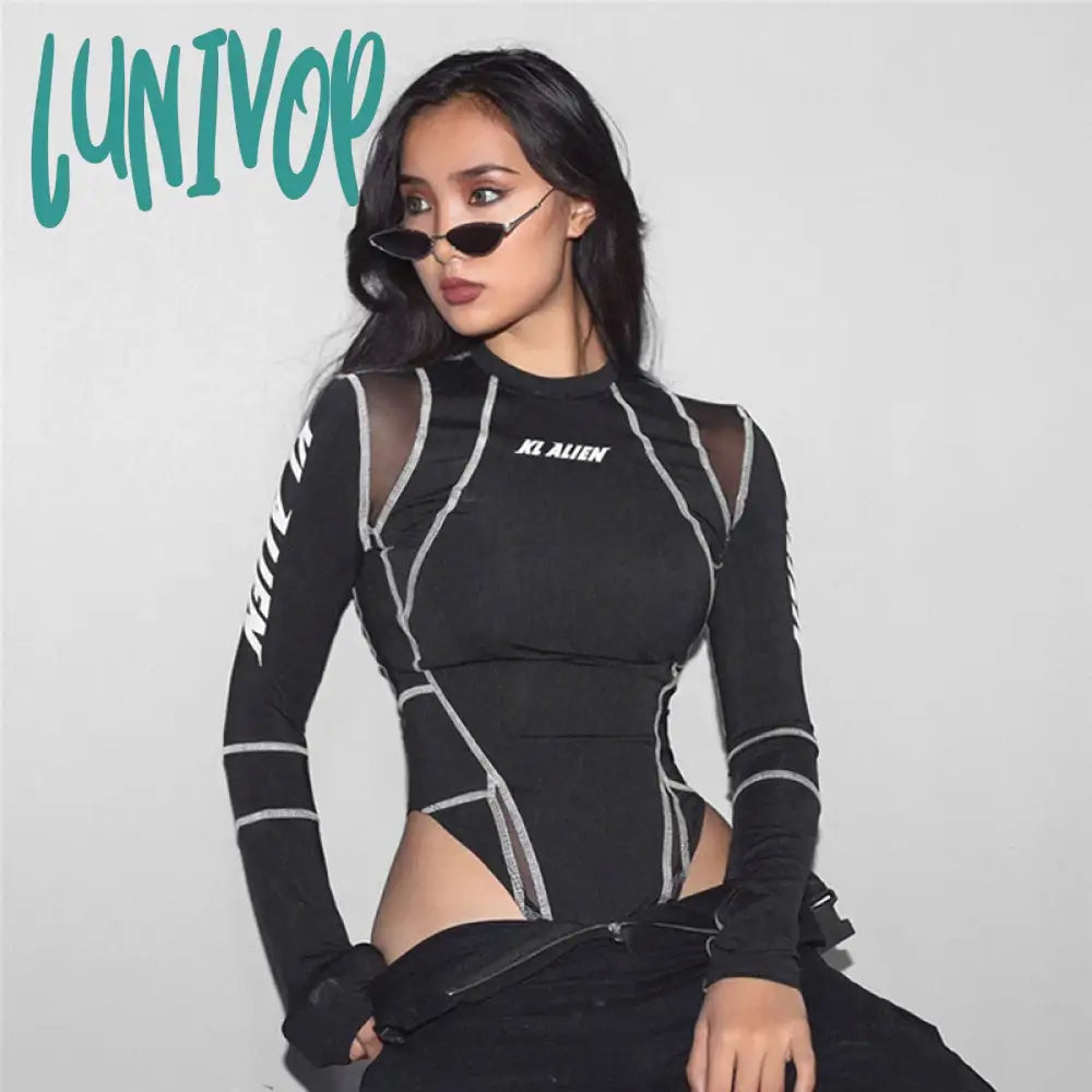 Lunivop Women Turtleneck Bodysuits Mesh Patchwork Letter Print Jumpsuit Fashion Female Workout Streetwear Casual Rompers Mujer