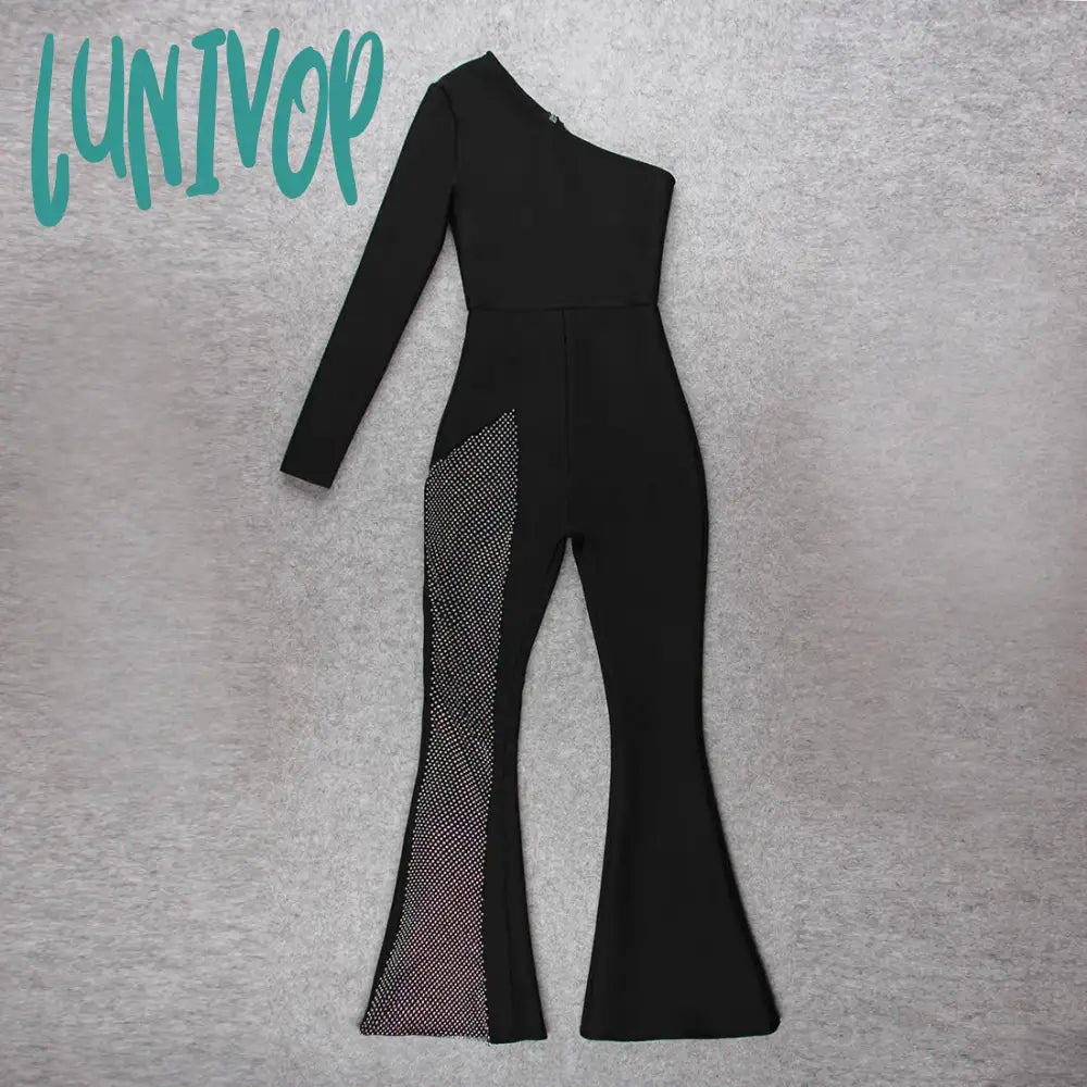 Lunivop Women Winter Sexy Long Sleeve One Shoulder Diamonds Crystal Black Bandage Jumpsuit Celebrity Designer Bodycon Rompers