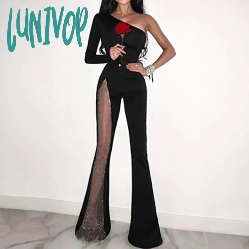 Lunivop Women Winter Sexy Long Sleeve One Shoulder Diamonds Crystal Black White Bandage Jumpsuit Bodycon Rompers