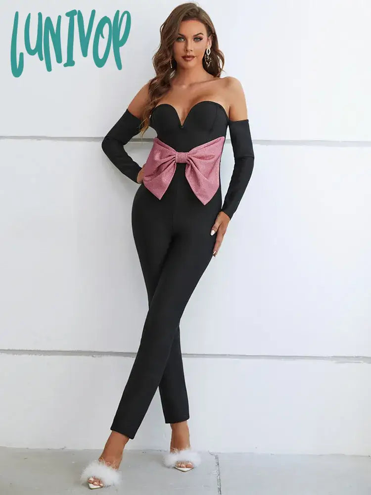 Lunivop Women Winter Style Sexy Bow Tie Off Shoulder Black Bodycon Bandage Jumpsuit Celebrity Designer High Street Rompers