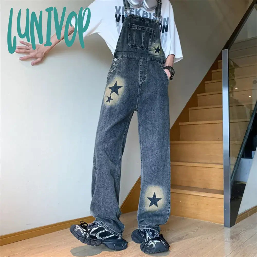 Lunivop Women's Denim Rompers Star Printed Strap Pants Spring Autumn New Chic Fashion Casual Jeans Female Straight Denim Trousers