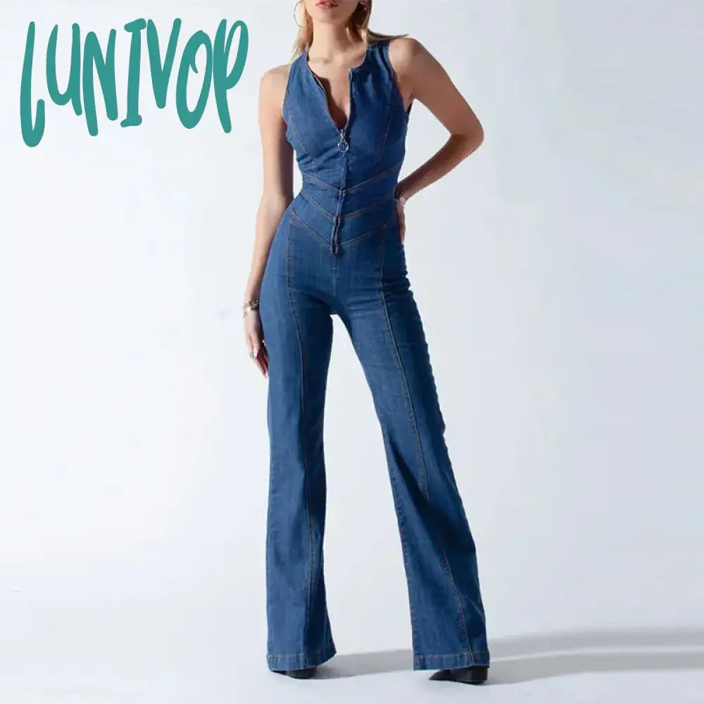 Lunivop Women's Jumpsuit Bodycon Backless Heart Hollow Out Summer Sexy Sleeveless Slim One-Piece Outfits Retro Denim Jumpsuits