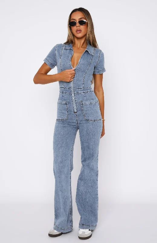 Not About You Denim Jumpsuit Mid Blue