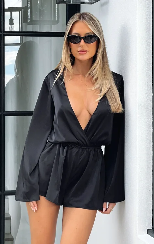 Old Rules Long Sleeve Playsuit Black