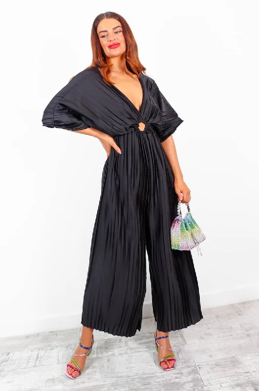 Ring Me Back - Black Cut Out Pleated Jumpsuit