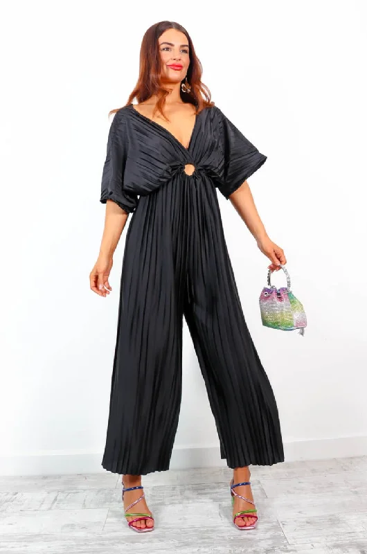 Ring Me Back - Black Cut Out Pleated Jumpsuit