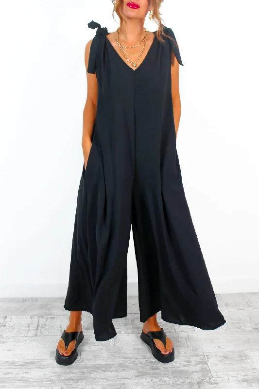 Tied In Knots - Black Wide Leg Tie Shoulder Jumpsuit