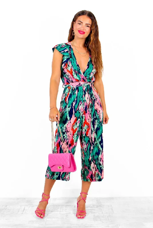 What I Want - Green Multi Abstract Ruffle Jumpsuit