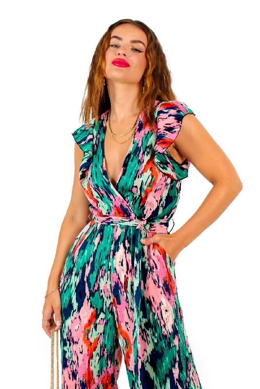 What I Want - Green Multi Abstract Ruffle Jumpsuit