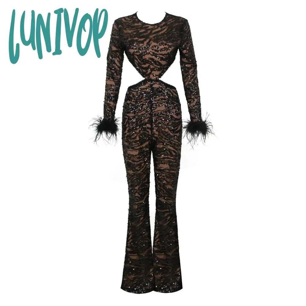 Lunivop Women Christmas Sexy Cut Out Feather Mesh Sequins Black Bodycon Jumpsuit  High Street Rompers