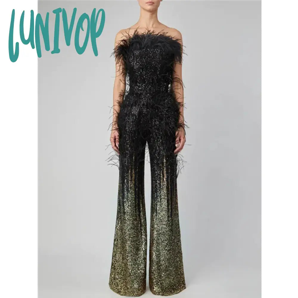 Lunivop Women Summer Luxury Sexy Strapless Backless Feather Mesh Sequins Bodycon Jumpsuit Celebrity Designer Bodycon Rompers