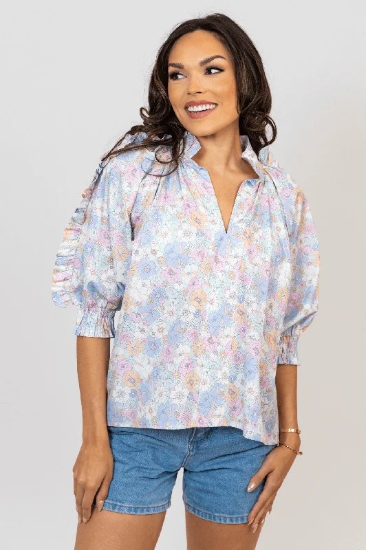 London Floral Poplin Ruffle Sleeve Top