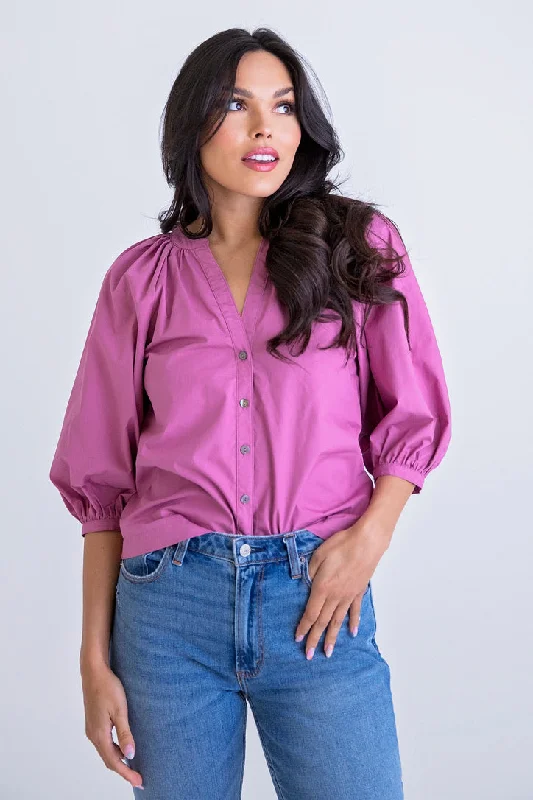 Purple Poplin Button Puff Sleeve Top