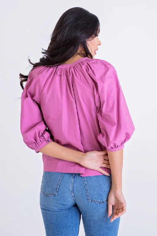 Purple Poplin Button Puff Sleeve Top