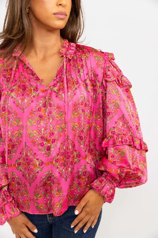 Satin Floral Ruffle Sleeve Top