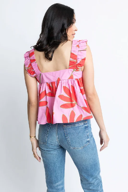 Satin Palm Floral Ruffle Top