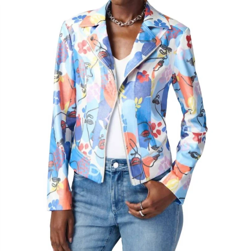 Face Graphic Faux Leather Jacket In Blue Multi