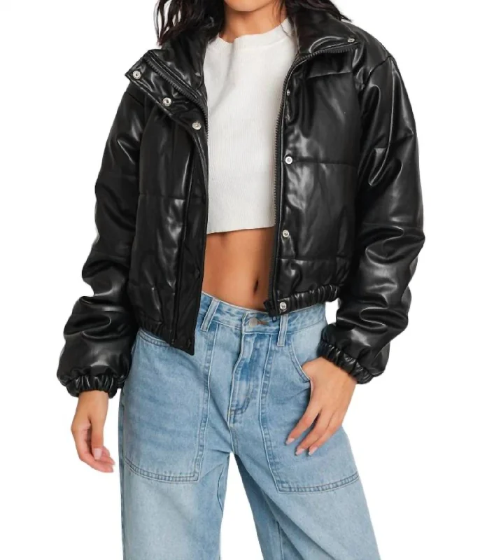 Faux Leather Puffer Jacket In Black