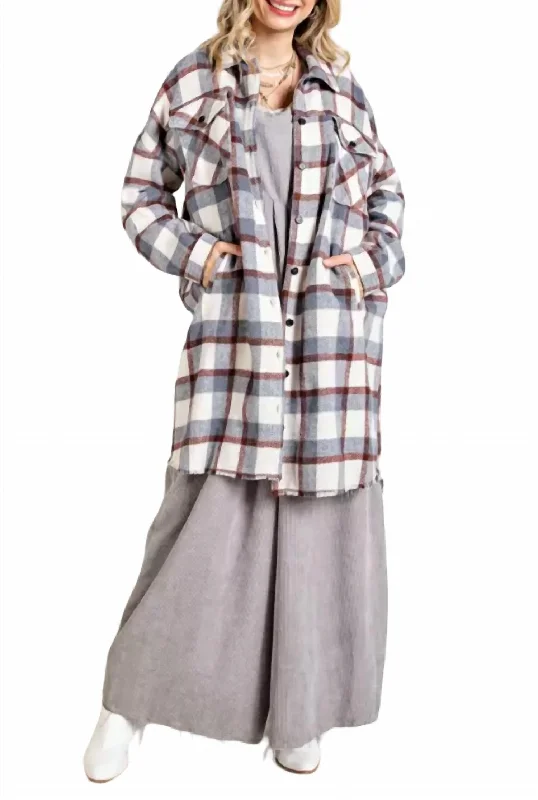 Longline Plaid Shirt Jacket In Blue Grey