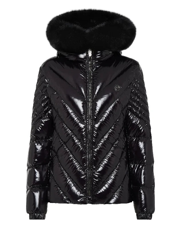 Nylon Down Jacket with Fur