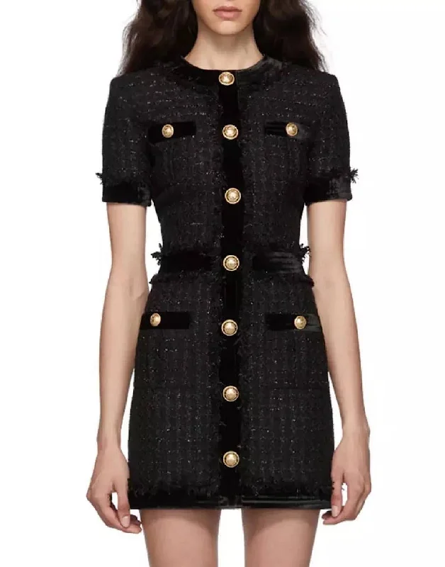 Black Tweed Knit Gold Button Dress