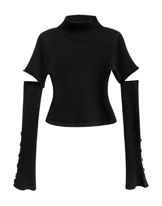 Buttoned Sleeve High Collar Knit Top