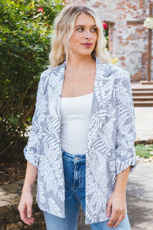 Courtney Leaf Print Blazer, Cream/Charcoal