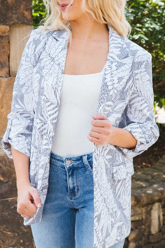 Courtney Leaf Print Blazer, Cream/Charcoal