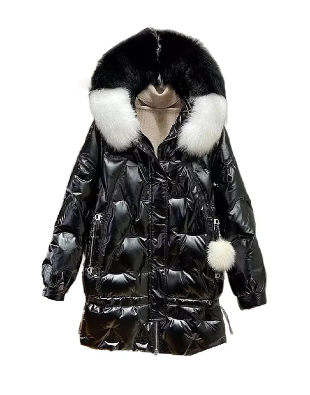 Fox Fur Hoodie Loose Metallic Coat