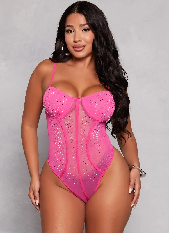 Rhinestone Mesh Detail Bustier Bodysuit