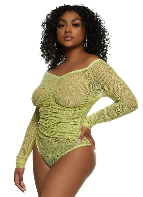 Iris Rhinestone Mesh Ruched Front Bodysuit