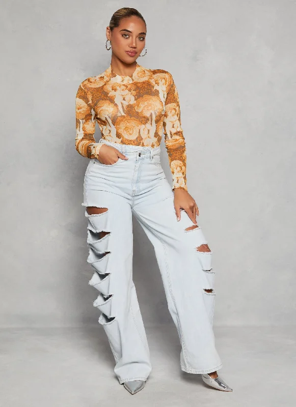 Mesh Printed Long Sleeve Bodysuit