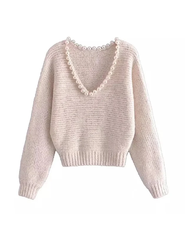 Pearl V Neck Collar Loose Sweater